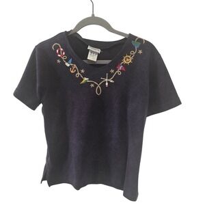 Vintage 90s Bon Worth Petite Nautical Embroidered V Neck Short Sleeve ‎ Navy XS